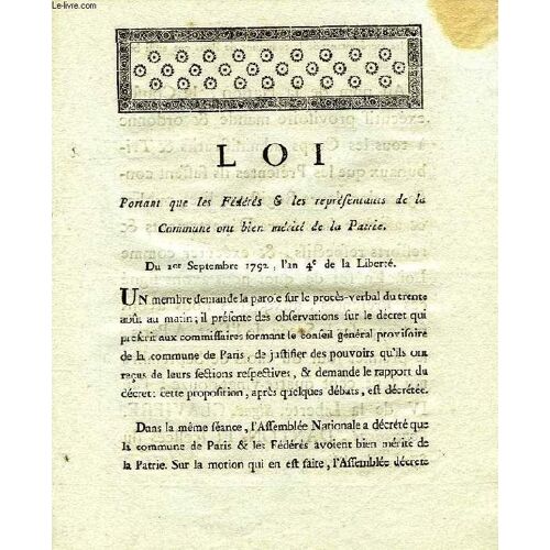 Loi, Portant Que Les Federes & Les Representants De La Commune Ont Bien Merite De La Patrie