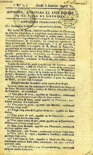 Affiches, Annonces Et Avis Divers De La Ville De Grenoble (N° 1), Jeudi 3 Janvier 1828