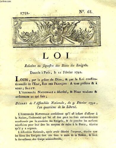 Loi, N° 68, Relative Au Sequestre Des Biens Des Emigres