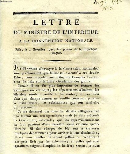Lettre Du Ministre De L'interieur A La Convention Nationale