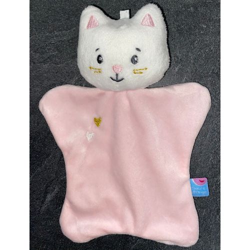 Doudou chat rose sucre d'orge coeurs brodés peluche chaton doumou jouet petit minou bébé blanket pink cat sugar cane baby