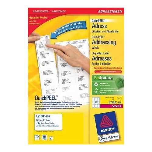 Avery 63.5x38.1mm Jam Libre Label Laser 21 Par Feuille Blanche Pack De 100 L7160-100 (Fpc)