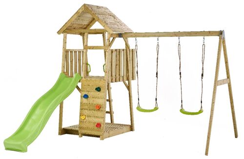 Kangui Aire De Jeux Portique En Bois Woodi - Double Balançoire, Toboggan, Mur D'escalade, Bac A Sable, Cabane, Échelle