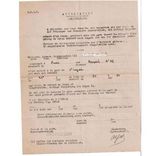 Rare Sncf Certificat Retard Allemand Français Paris Gare St Lazare S.N.C.F 1940 1945 Occupation Guerre