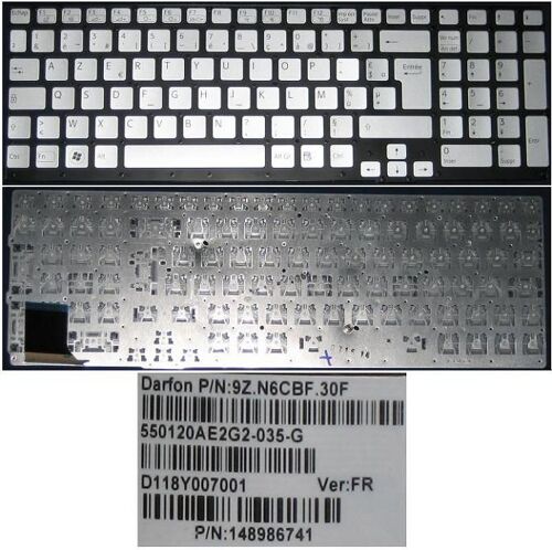 Clavier Azerty Français / French Pour SONY VAIO VPC-SE Series, Gris Clair / Silver, Model: 550120AE2G2-035-G, P/N: 9Z.N6CBF.30F, 148986741, D118Y007001