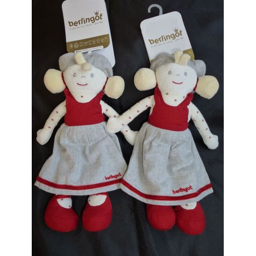 Doudou "Berlingot", Lot De 2, Peluche Poupée Fille, Robe Grise, Beret