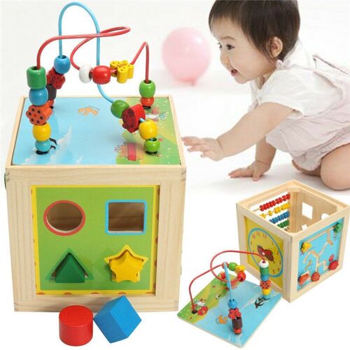 5 En 1 Enfants Multi Fonction Colore Cube D'activite En Bois Jouets Puzzle Perle Labyrinthe