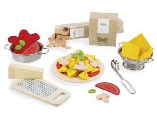 Jeu Set De Pates Pasta Et Ustensiles Cuisine - Aliments Feutrine Et Bois, Dinette - Set Jouet Imitation Enfant + Carte