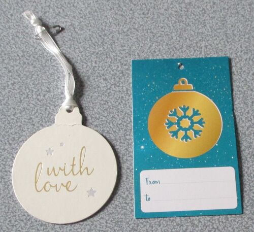 Lot De 2 Étiquettes Pour Cadeaux : 1 Rectangulaire Fond Vert Avec Boule De Noël Et Mention From... To + 1 Ronde Fond Blanc Marquée With Love Avec Mini Étoiles Et Mention To... From Au Verso