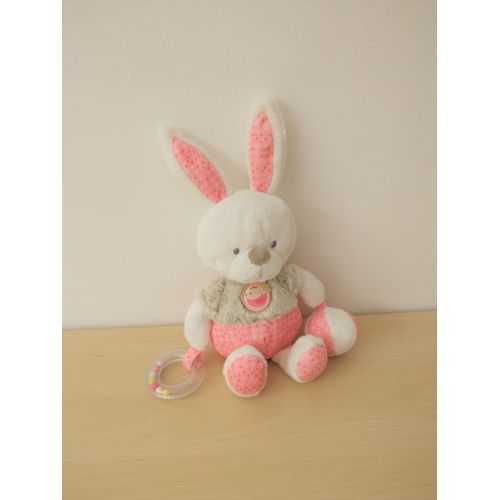 Doudou Peluche Lapin Rose Blanc Oiseau Ballon Anneau Mots D'enfants