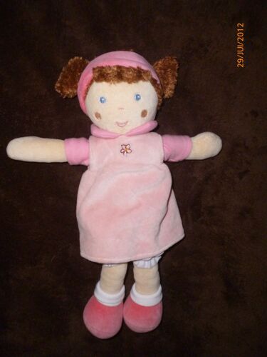 Doudou Poupée Nounours Fille Fillette Robe Rose Fleur Brodée 34 Cm