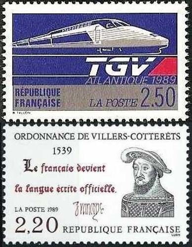France 1989, Très Beaux Timbres Neufs** Luxe Yvert 2607 - Le Tgv Atlantique, Et 2609 Ordonnance De Villers Cotteret Émise En 1539 Par François 1er - Le Français Devient Langue Écrite Officielle.