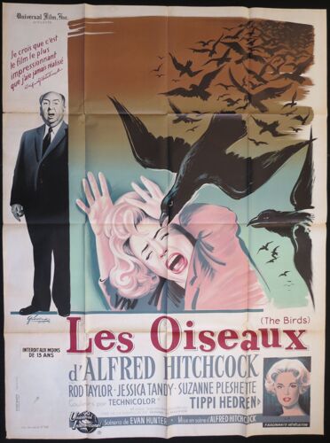 Les Oiseaux Film Réalisé En 1963 Par Alfred Hitchcock Avec Rod Taylor, Tippi Hedren - Affiche De Cinéma Originale De 1963 - 120x160cm - Dessin De Boris Grinsson - French Movie Poster - The Birds -
