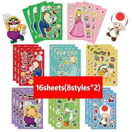 8/16 Feuilles Super Mario Bros Puzzle Autocollants Bricolage Drôle Enfants Jeux Faire Un Visage Assembler Puzzle Autocollant Bricolage Livre Enfants Jouets Cadeau.Sjs195-16Sheets.