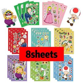 8/16 Feuilles Super Mario Bros Puzzle Autocollants Bricolage Drôle Enfants Jeux Faire Un Visage Assembler Puzzle Autocollant Bricolage Livre Enfants Jouets Cadeau.Sjs195-8Sheets.