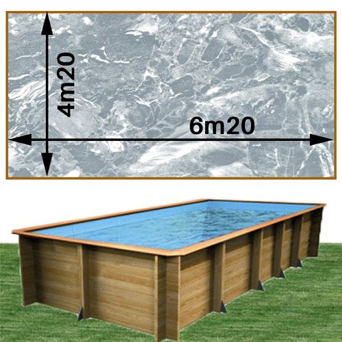 Piscine bois woodfirst original rectangulaire 620 x 420 x 133 cm liner marbre gris
