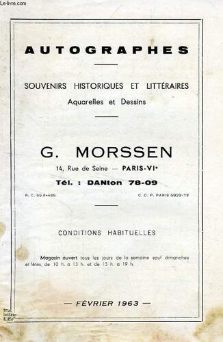 Autographes, Souvenirs Historques Et Litteraires, Aquarelles Et Dessins (Catalogue), Fev. 1963