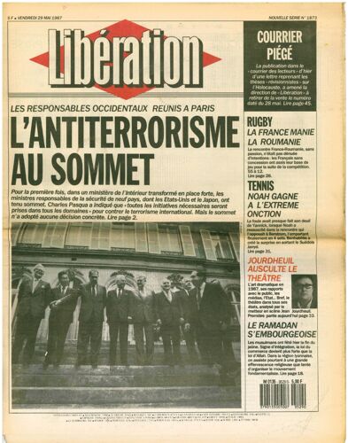 Libération N° 1873 Du 29/05/1987 - Antiterrorisme Au Sommet ...
