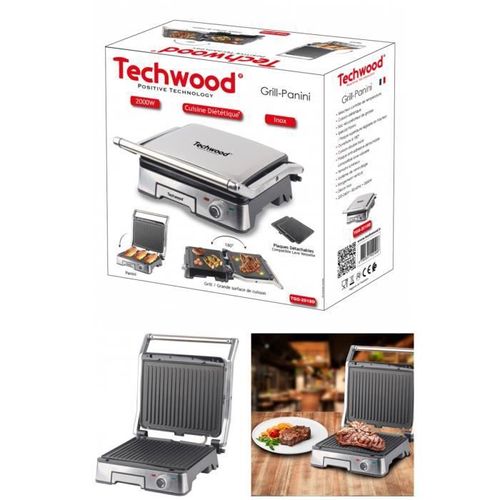 Grill - Panini Double face 180° 2000W Cuisson die?te?tique Ouverture a? 180° anti-adhe?sive avec Te?moins lumineux