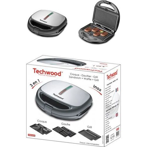 GAUFRIER + CROQUE + GRILL 800W- Décor Inox - Plaques interchangeables - Revêtement anti-adhésif- cadeau de noêl