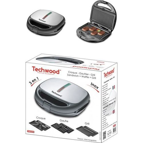GAUFRIER + CROQUE + GRILL 800W- Décor Inox - Plaques interchangeables - Revêtement anti-adhésif- cadeau de noêl