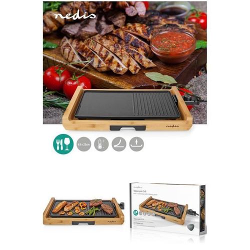 Plancha grill électrique en aluminium Bois bambou 1800 W 43 X 23 cuisson antiadhésive plaque teppanyaki