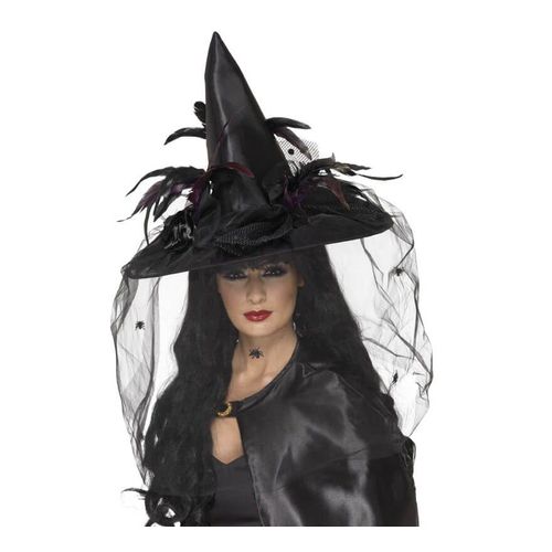Chapeau De Sorcière Noir Avec Plumes Et Voile (Taille Unique Adulte)