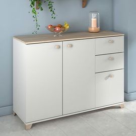 Commode 2 Portes 3 Tiroirs 119 Cm Blanc Et Chêne Kronberg - Hunda