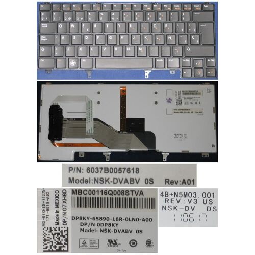 Clavier Qwerty Espagnol / Spanish Pour DELL Latitude E6420 Series, Noir / Black, BACKLIT, Model: NSK-DVABV, NSK-DV, 0DP8KY, P/N: 6037B0057618
