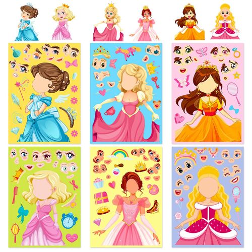 Autocollants De Puzzle De Bricolage Pour Enfants,6 Princesses Sirène,Faire Un Visage Drôle,Assembler Des Autocollants De Puzzle,Jouets Pour Enfants,6 Feuilles,42 Feuilles.Princess A 6Pcs.
