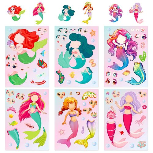 Autocollants De Puzzle De Bricolage Pour Enfants,6 Princesses Sirène,Faire Un Visage Drôle,Assembler Des Autocollants De Puzzle,Jouets Pour Enfants,6 Feuilles,42 Feuilles.Mermaid 6Pcs.