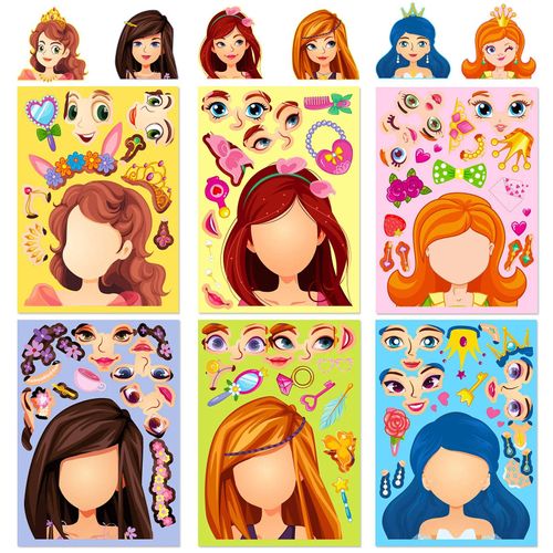 Autocollants De Puzzle De Bricolage Pour Enfants,6 Princesses Sirène,Faire Un Visage Drôle,Assembler Des Autocollants De Puzzle,Jouets Pour Enfants,6 Feuilles,42 Feuilles.Princess B 6Pcs.