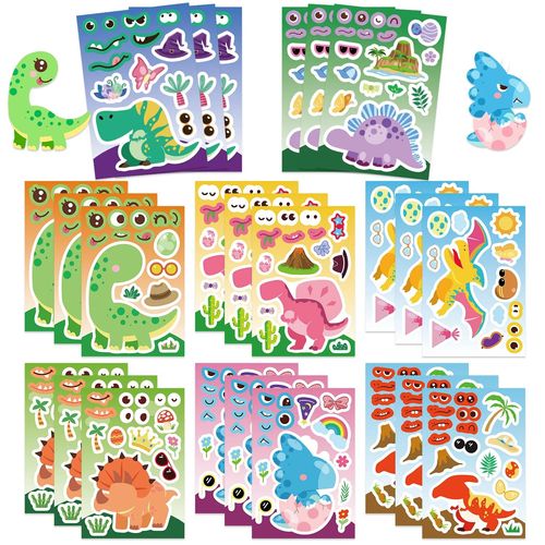 8/16/24 Pièces Faire Un Visage Dinosaure Puzzle Autocollants Dessin Animé Assembler Puzzle Pour Garçons Filles Fête Bricolage Éducation Jouets Cadeaux.16Pcs.