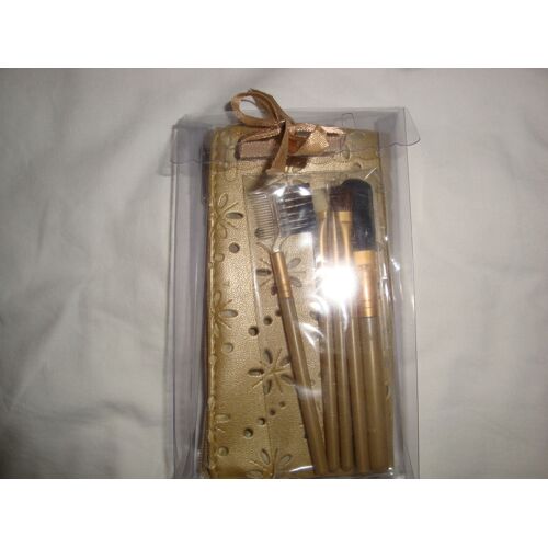 Ensemble Trousse Maquillage Dorée En Simili 14x7,5 Cm + Lot 4 Pinceaux Maquillage 11 Cm + Brosse Double 11 Cm