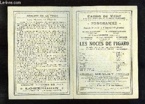 Programme Du Casino De Vichy, Le Samedi 21 Août 1926 : Les Noces De Figaro, Opéra-Comique En 4 Actes D'après Beaumarchais.