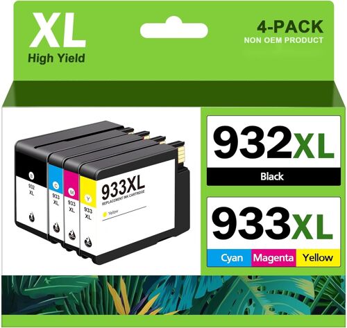 932XL 933XL Pack de 4 Cartouches d'encre compatibles HP 932 933 XL Cartouches Encre pour HP Officejet 6600 6700 6100 7110 7510 7610 7612 (Noir Cyan Magenta Jaune)