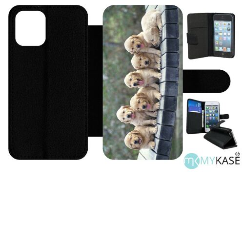 Etui À Rabat Iphone 12 Mini - Chiots Golden Retriever - Simili-Cuir - Noir