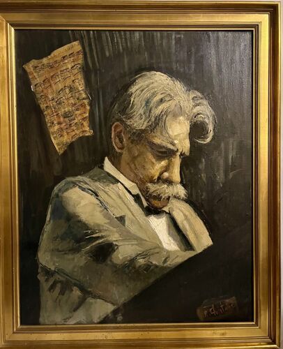 Albert Schweitzer Portrait À Au Piano Par Roger Quintaine Huile Sur Toile