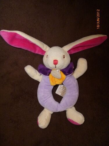 Doudou Baby Nat Lapin Rose/Mauve/Violet/Jaune Grelot