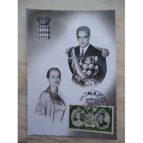Carte Noir Et Blanc De Rainier Et Grace De Monaco Avec Timbre Oblitéré Du Jour De Leur Mariage :19 Avril 1956.