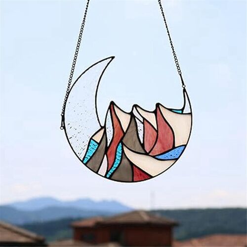 Montagne avec la lune vitrail fenêtre suspendue, neige montagne décorations Suncatcher pour fenêtre, lune Moun