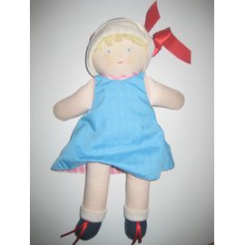 Poupée De Chiffon Petite Fille Blonde Robe Bleu Ruban Rouge Corolle