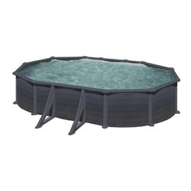 Piscine ovale acier 6,34m x 3,99m x H: 1,32m - Gris anthracite - Filtration à sable - Renforts apparents