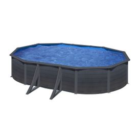 Piscine ovale acier 6,34m x 3,99m x H: 1,22m - Gris anthracite - Filtration à sable - Renfort apparents