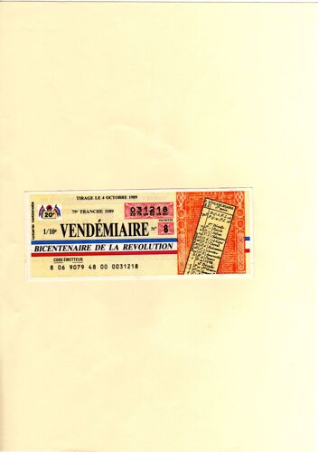 Billet De Loterie Nationale Bicentenaire De La Revolution Vendemiaire