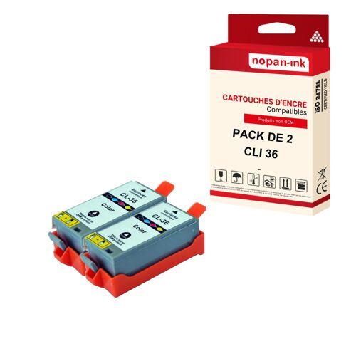 NOPAN-INK - x2 Cartouches compatibles pour CANON CLI 36 XL CLI 36XL Cyan + Magenta + Jaune pour Canon IP 100 IP 100 Portable IP 100 V IP 110 IP 110 +