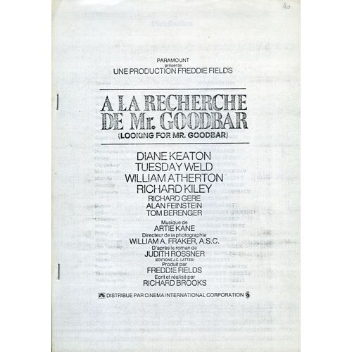 A La Recherche De Mr Goodbar, Dossier De Presse, Richard Brooks Avec Diane Keaton, Tuesday Weld