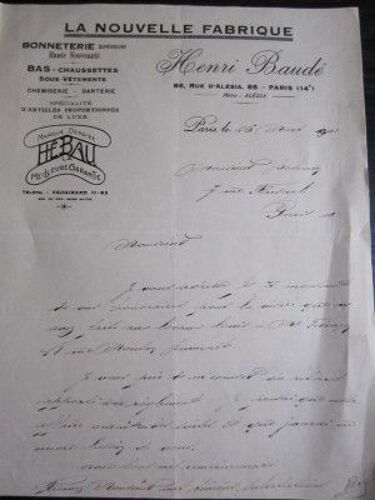 Lettre : La Nouvelle Fabrique (Bonneterie) Henri Baudé, 1941