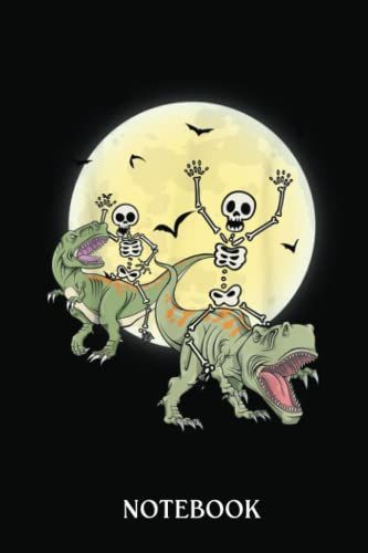 Skeleton Riding Dinosaur Rex Halloween Funny: Wide Ruled 6x9 120 Pages Notebook | For Sketching And Writing | Gift For Kids, Teens And Adult