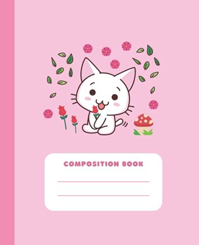 Composition Book: Cute Cat Holding Rose Mushrooms | College Ruled Wide Lined Journal | Kawaii Cottagecore Aesthetic Pastel Pink Notebook For School